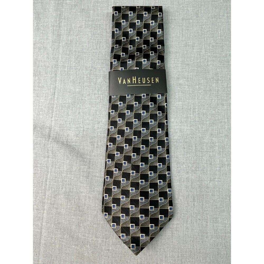 NEW Van Heusen Men's Silk Tie Black Yellow Grey Brown Blue Geometric Pattern